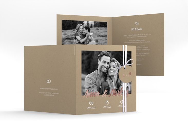 Hochzeitseinladung Icons quadr. Klappkarte rosegold mit großem Foto des Brautpaars