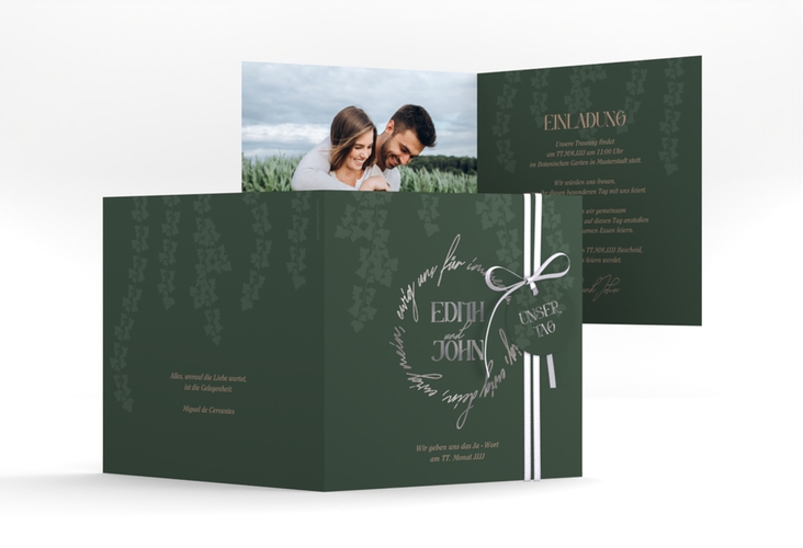 Hochzeitseinladung Efeugrün quadr. Klappkarte silber im Fantasy-Elfen-Design mit Efeu