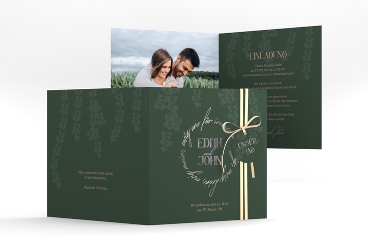 Hochzeitseinladung Efeugrün quadr. Klappkarte silber im Fantasy-Elfen-Design mit Efeu