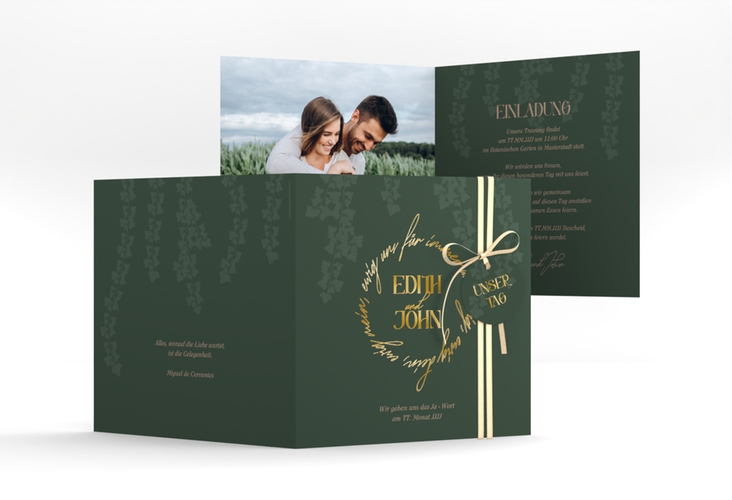 Hochzeitseinladung Efeugrün quadr. Klappkarte gold im Fantasy-Elfen-Design mit Efeu
