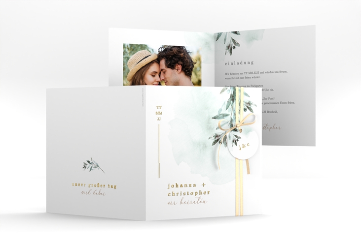 Hochzeitseinladung Mediterran quadr. Klappkarte gold mit Lorbeerzweig in Aquarell