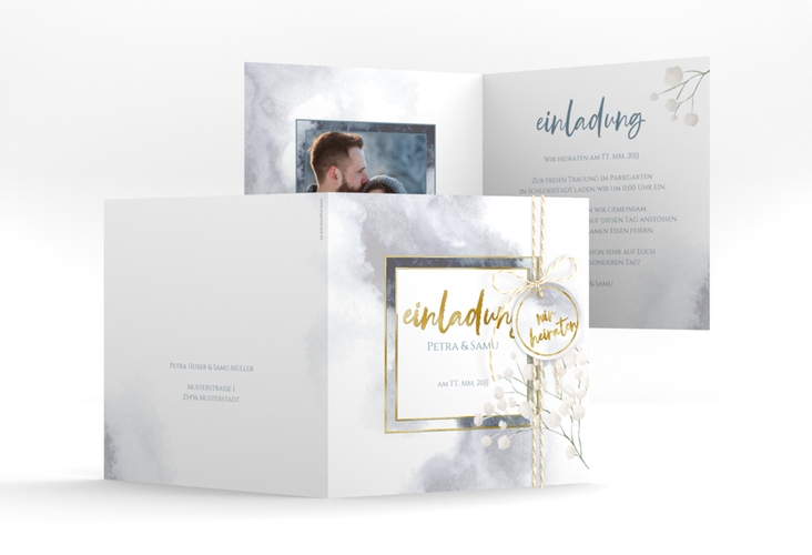 Hochzeitseinladung Winter quadr. Klappkarte gold mit Schleierkraut