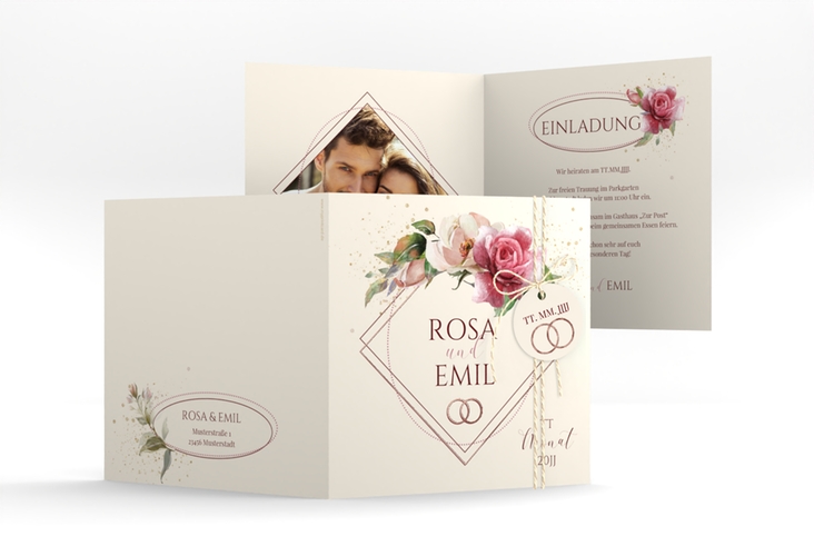 Hochzeitseinladung Rosenbogen quadr. Klappkarte rosegold