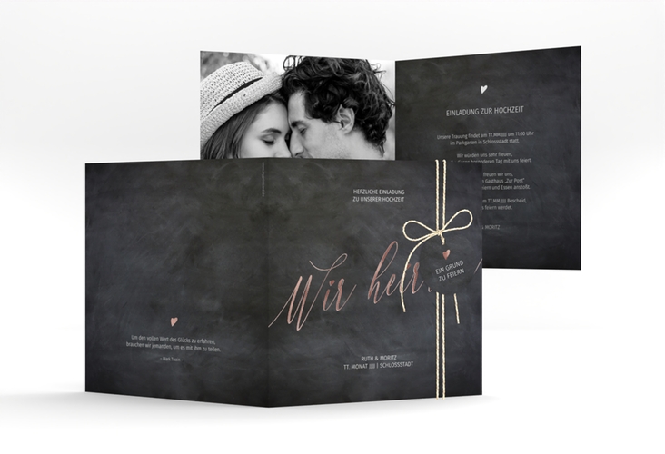 Hochzeitseinladung Chalkboard quadr. Klappkarte rosegold mit Folienveredelung