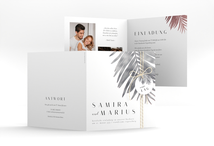 Hochzeitseinladung Palmenblatt quadr. Klappkarte silber mit Palmenwedel