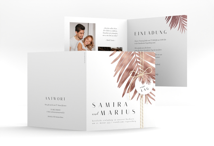 Hochzeitseinladung Palmenblatt quadr. Klappkarte rosegold mit Palmenwedel