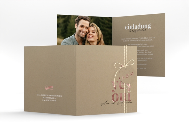 Hochzeitseinladung Oui quadr. Klappkarte rosegold mit Ja-Wort in verschiedenen Sprachen
