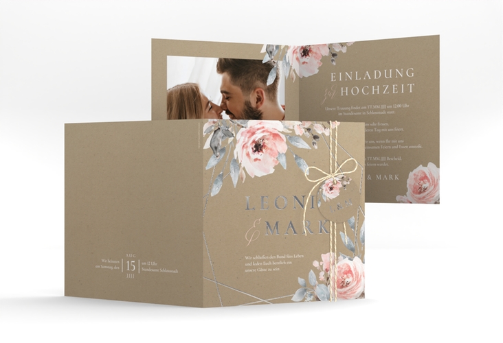 Hochzeitseinladung Perfection quadr. Klappkarte silber mit rosa Rosen