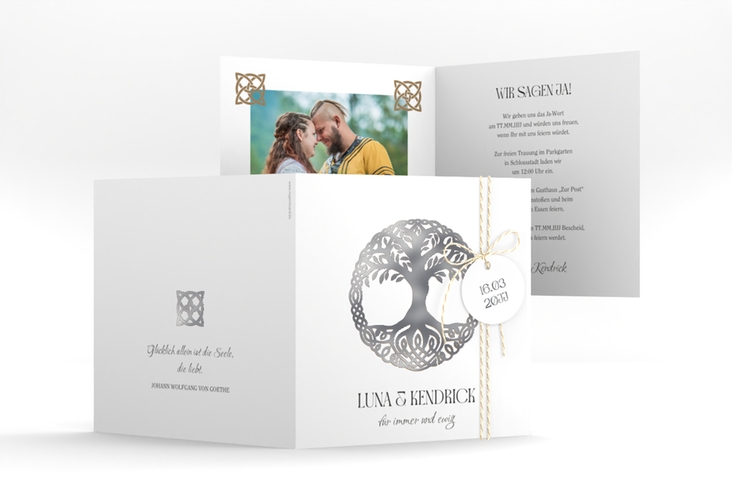 Hochzeitseinladung Lebensbaum quadr. Klappkarte silber im Stil der Kelten und Wikinger