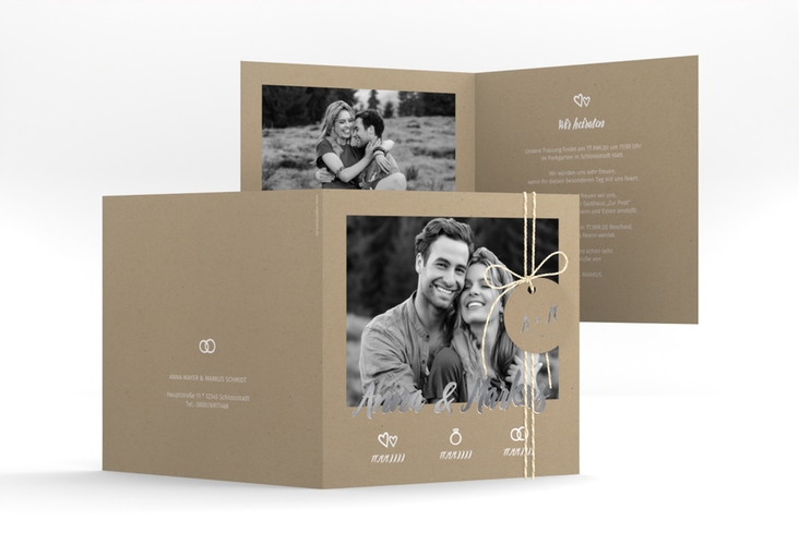 Hochzeitseinladung Icons quadr. Klappkarte silber mit großem Foto des Brautpaars