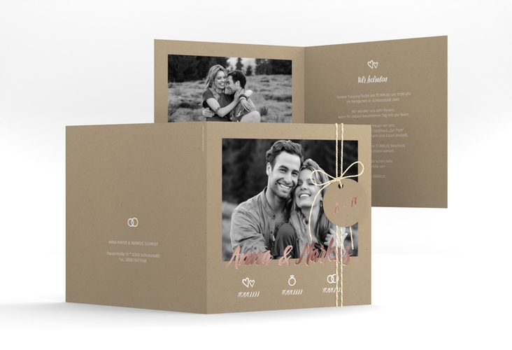 Hochzeitseinladung Icons quadr. Klappkarte rosegold mit großem Foto des Brautpaars