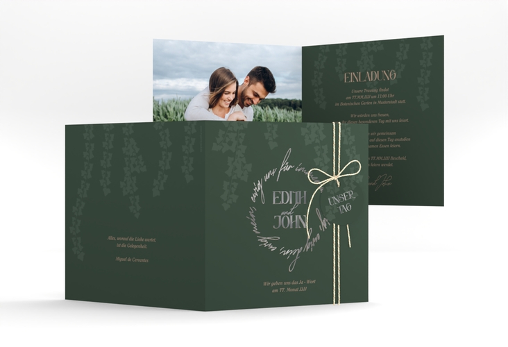 Hochzeitseinladung Efeugrün quadr. Klappkarte silber im Fantasy-Elfen-Design mit Efeu