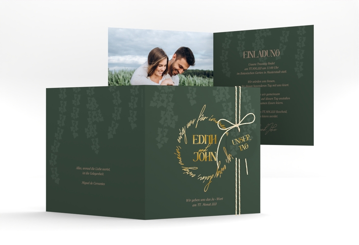 Hochzeitseinladung Efeugrün quadr. Klappkarte gold im Fantasy-Elfen-Design mit Efeu