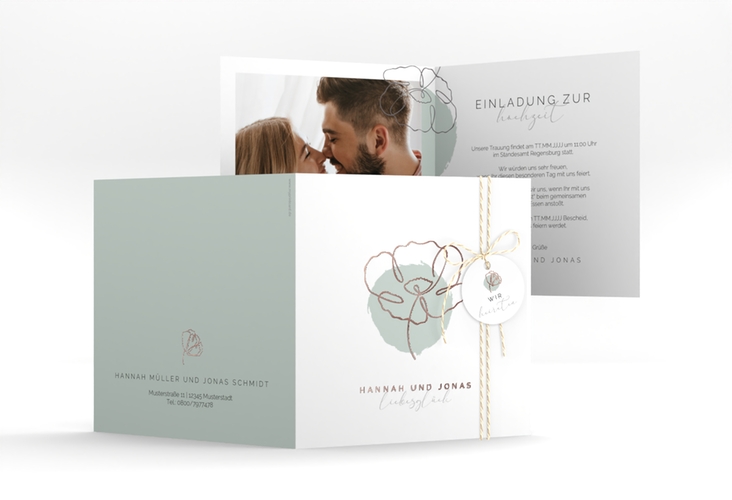 Hochzeitseinladung Flowerline quadr. Klappkarte rosegold
