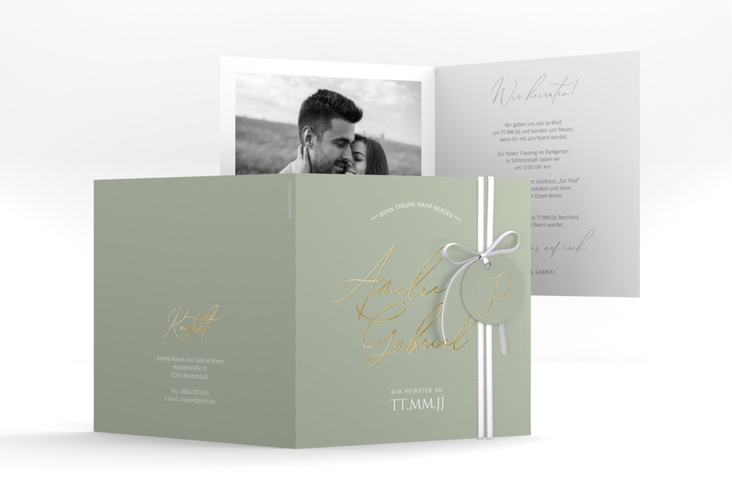 Hochzeitseinladung Federschrift quadr. Klappkarte gold in schlichtem Design mit Kalligrafie