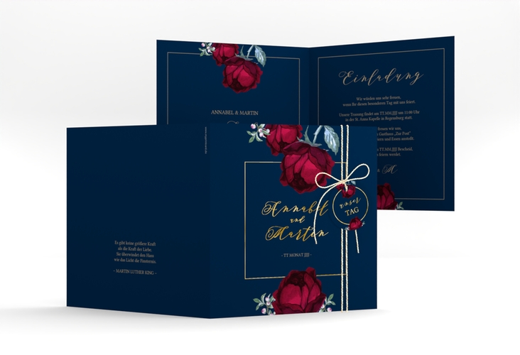 Hochzeitseinladung Peonies quadr. Klappkarte gold elegant mit Pfingstrosen