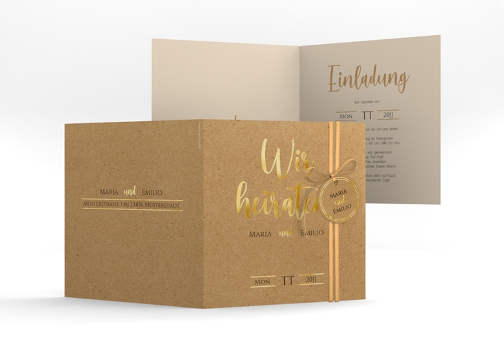 Hochzeitseinladung Noble quadr. Klappkarte gold mit elegantem Schriftzug