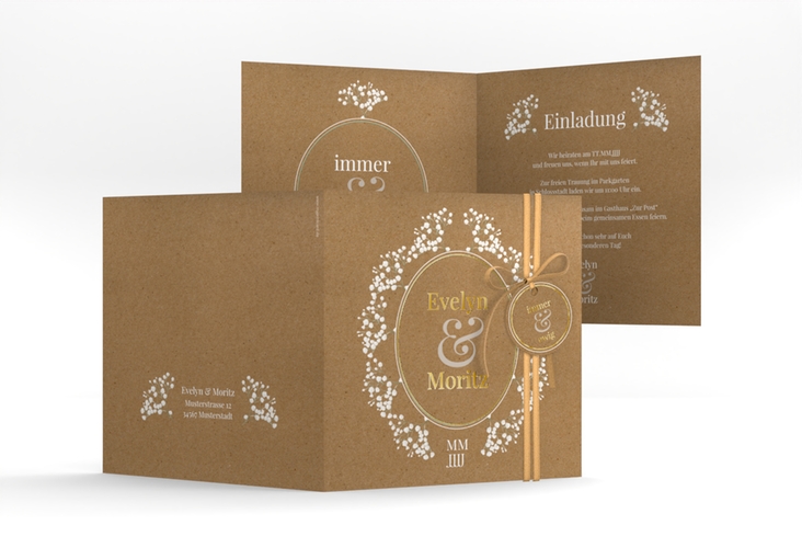 Hochzeitseinladung Gypsophila quadr. Klappkarte gold im Vintage-Stil mit Blumenkranz aus Schleierkraut