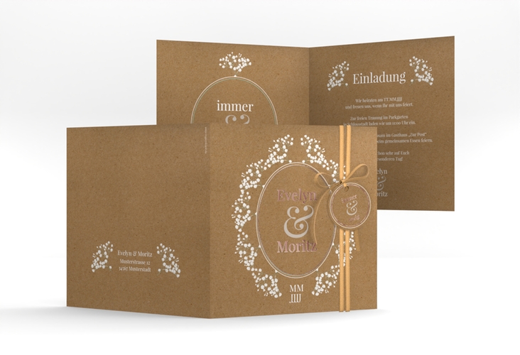 Hochzeitseinladung Gypsophila quadr. Klappkarte rosegold im Vintage-Stil mit Blumenkranz aus Schleierkraut
