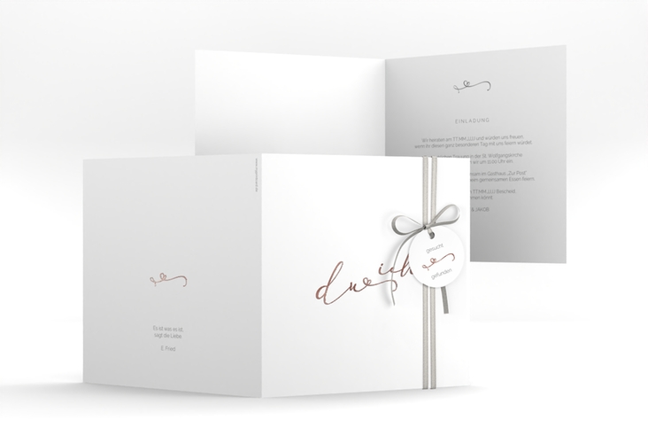 Hochzeitseinladung Zweisamkeit quadr. Klappkarte rosegold im minimalistischen Stil mit Aufschrift du & ich