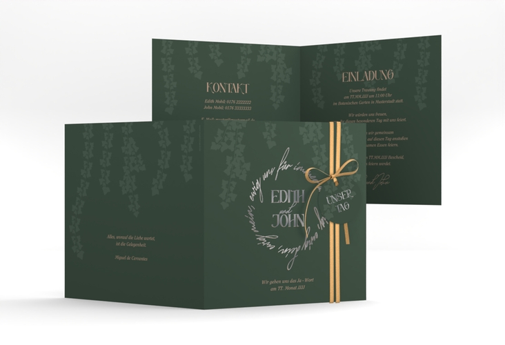 Hochzeitseinladung Efeugrün quadr. Klappkarte silber im Fantasy-Elfen-Design mit Efeu