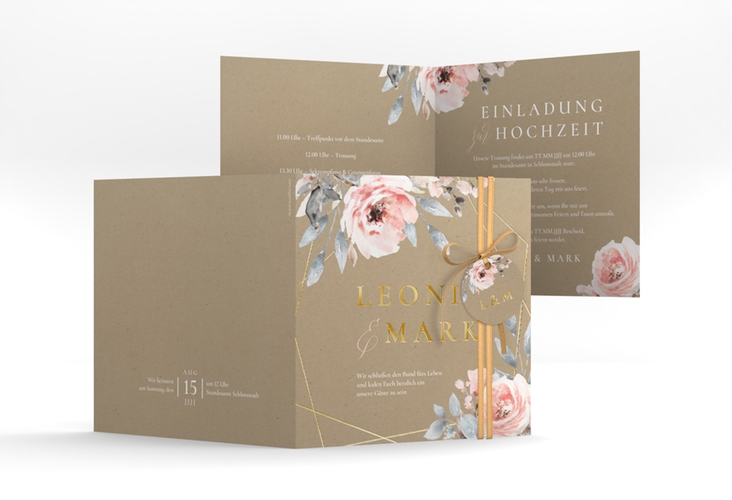 Hochzeitseinladung Perfection quadr. Klappkarte gold mit rosa Rosen