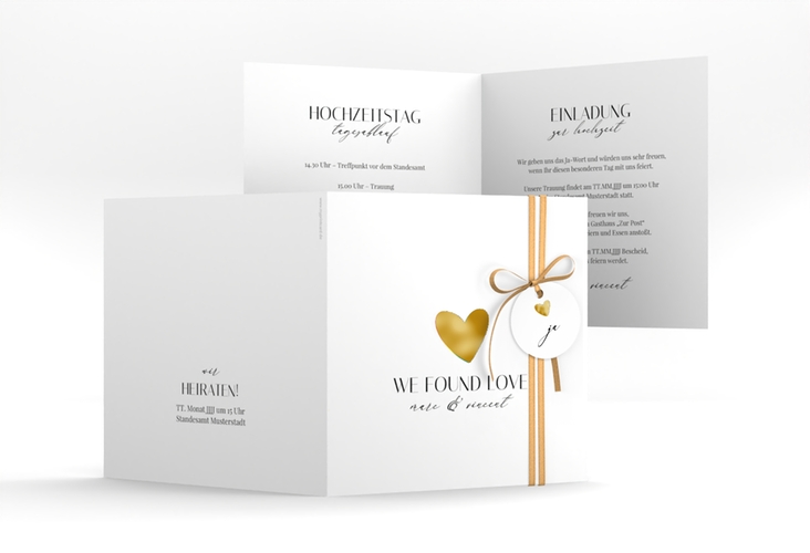 Hochzeitseinladung Liebesbote quadr. Klappkarte gold