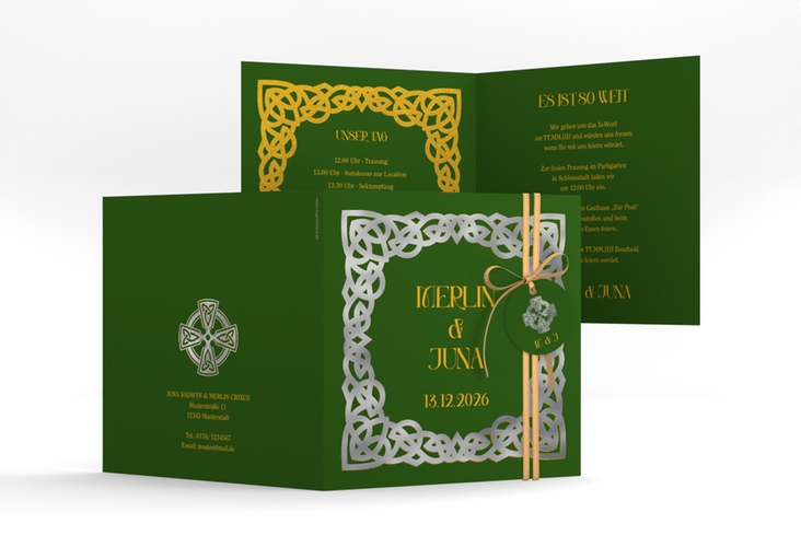 Hochzeitseinladung Celtic quadr. Klappkarte silber mit keltischem Knoten in irischen Farben