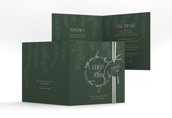 Hochzeitseinladung Efeugrün quadr. Klappkarte silber im Fantasy-Elfen-Design mit Efeu