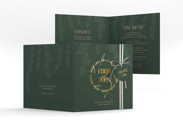 Hochzeitseinladung Efeugrün quadr. Klappkarte gold im Fantasy-Elfen-Design mit Efeu