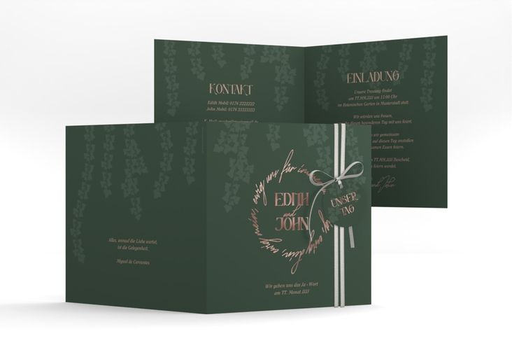 Hochzeitseinladung Efeugrün quadr. Klappkarte rosegold im Fantasy-Elfen-Design mit Efeu