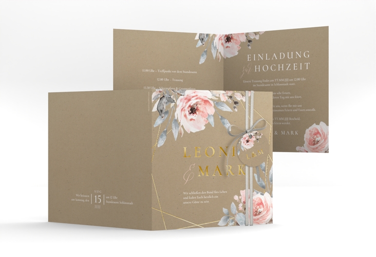 Hochzeitseinladung Perfection quadr. Klappkarte gold mit rosa Rosen