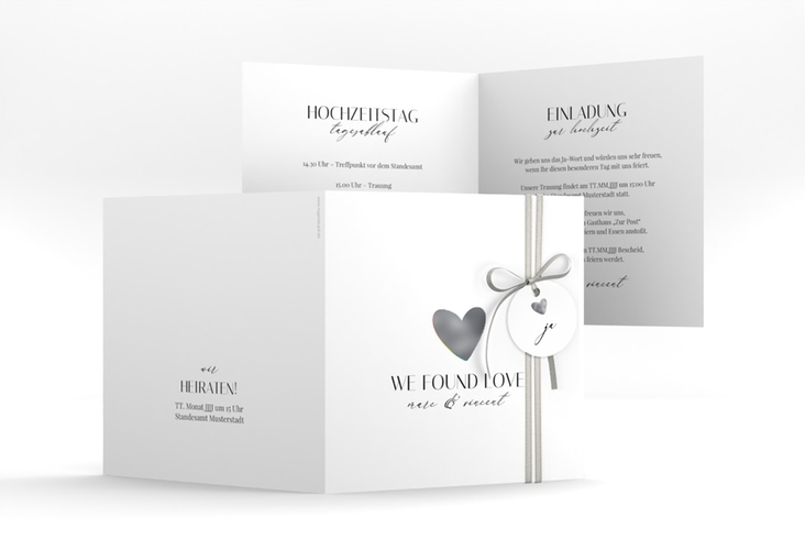 Hochzeitseinladung Liebesbote quadr. Klappkarte silber