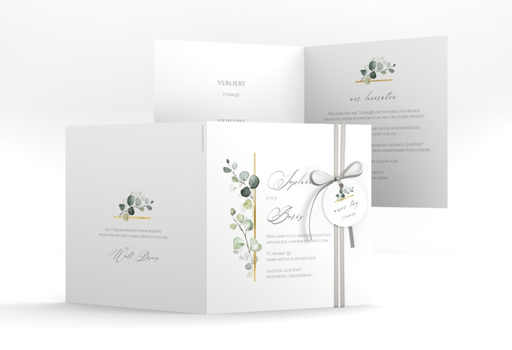 Hochzeitseinladung Adelya quadr. Klappkarte gold elegant mit Eukalyptus-Motiv
