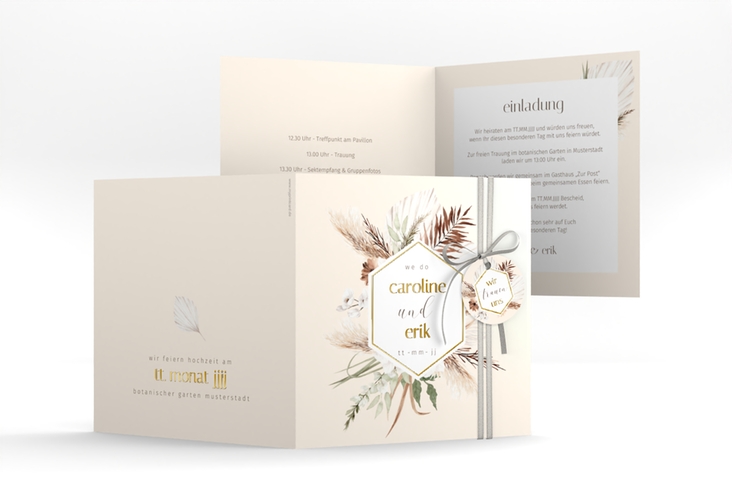 Hochzeitseinladung Bohemian quadr. Klappkarte gold im Boho-Style mit Pampasgras