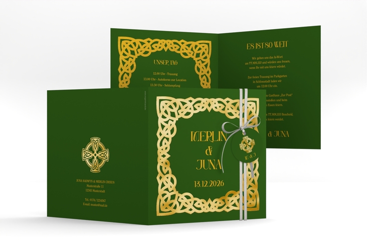 Hochzeitseinladung Celtic quadr. Klappkarte gold mit keltischem Knoten in irischen Farben