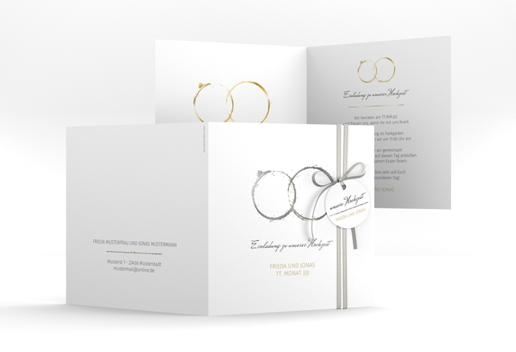 Hochzeitseinladung Trauringe quadr. Klappkarte silber minimalistisch gestaltet mit zwei Eheringen