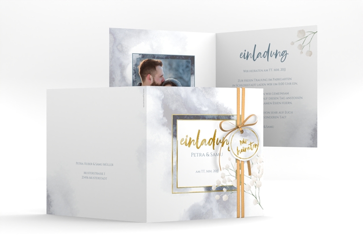 Hochzeitseinladung Winter quadr. Klappkarte gold mit Schleierkraut
