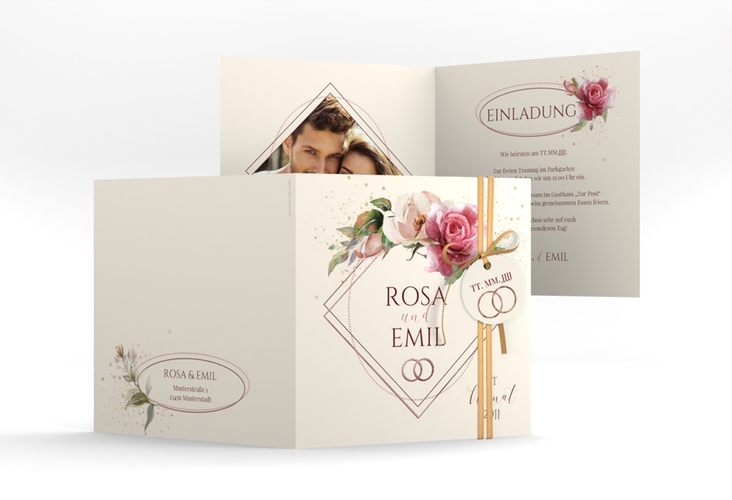 Hochzeitseinladung Rosenbogen quadr. Klappkarte rosegold