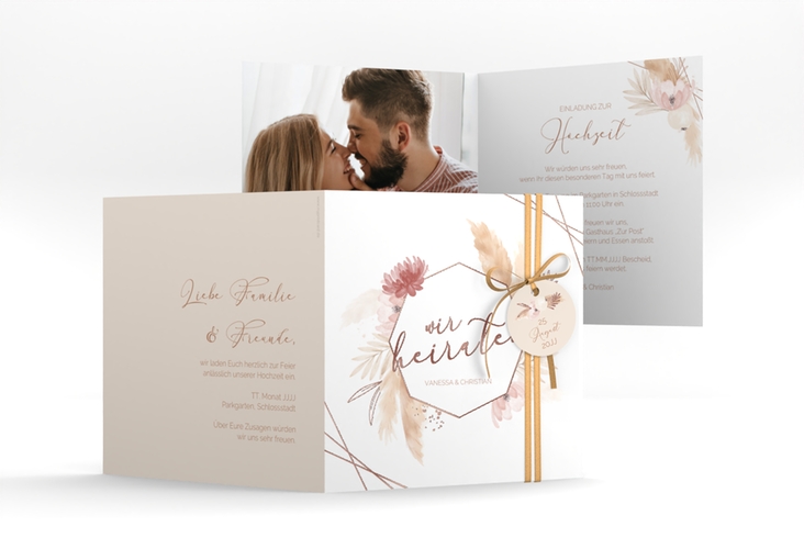 Hochzeitseinladung Bohostyle quadr. Klappkarte rosegold mit Pampasgras in Aquarell