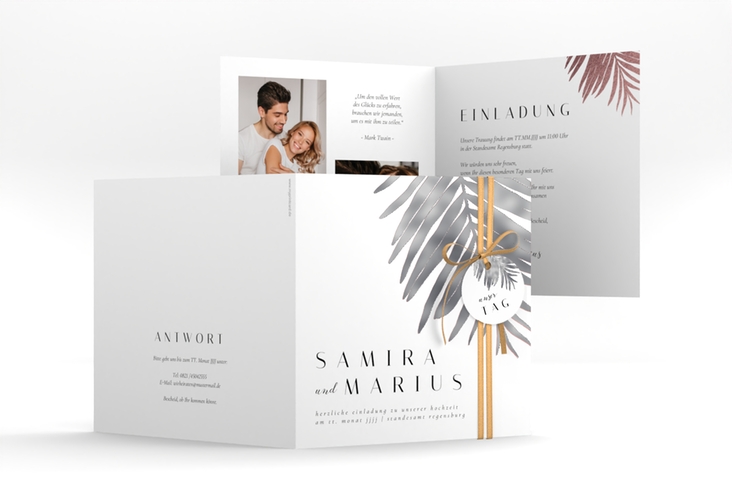 Hochzeitseinladung Palmenblatt quadr. Klappkarte silber mit Palmenwedel