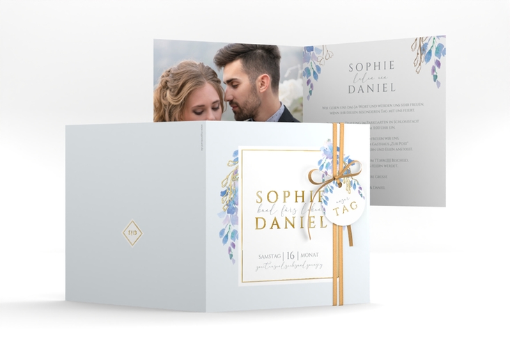 Hochzeitseinladung Blauregen quadr. Klappkarte gold mit Wisteria-Blüten
