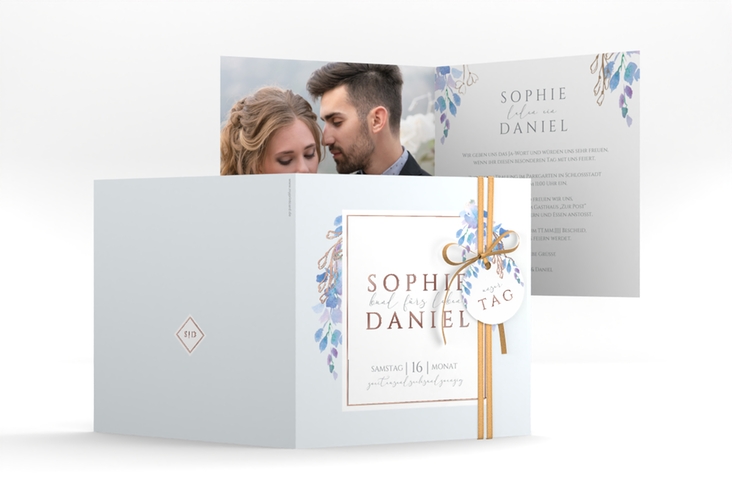 Hochzeitseinladung Blauregen quadr. Klappkarte rosegold mit Wisteria-Blüten