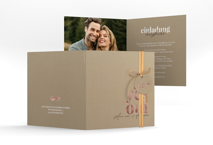 Hochzeitseinladung Oui quadr. Klappkarte rosegold mit Ja-Wort in verschiedenen Sprachen