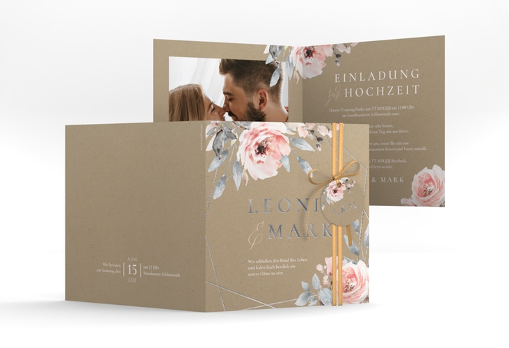 Hochzeitseinladung Perfection quadr. Klappkarte silber mit rosa Rosen