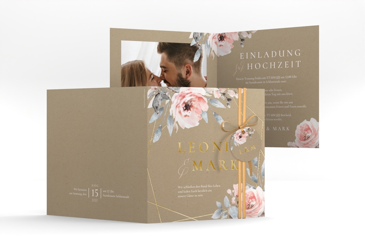 Hochzeitseinladung Perfection quadr. Klappkarte gold mit rosa Rosen