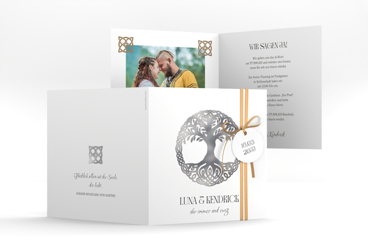 Hochzeitseinladung Lebensbaum quadr. Klappkarte silber im Stil der Kelten und Wikinger
