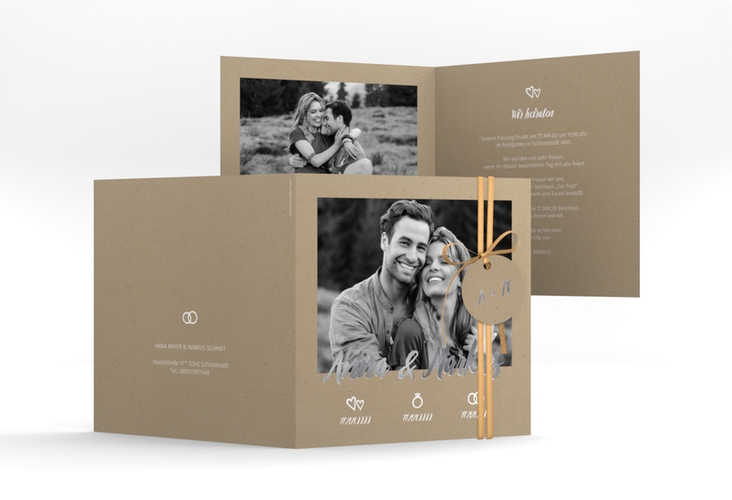 Hochzeitseinladung Icons quadr. Klappkarte silber mit großem Foto des Brautpaars