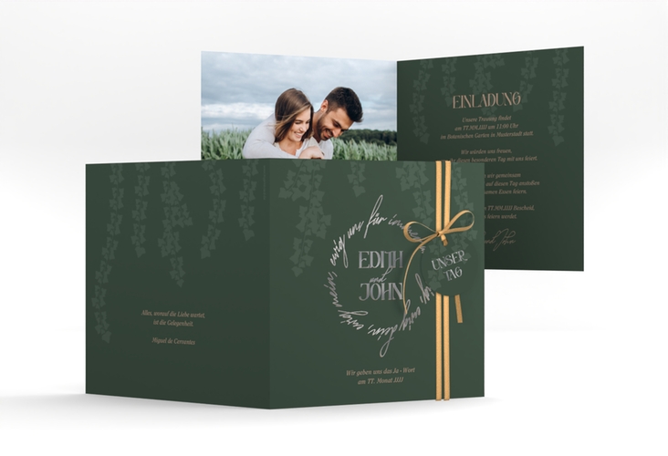 Hochzeitseinladung Efeugrün quadr. Klappkarte silber im Fantasy-Elfen-Design mit Efeu