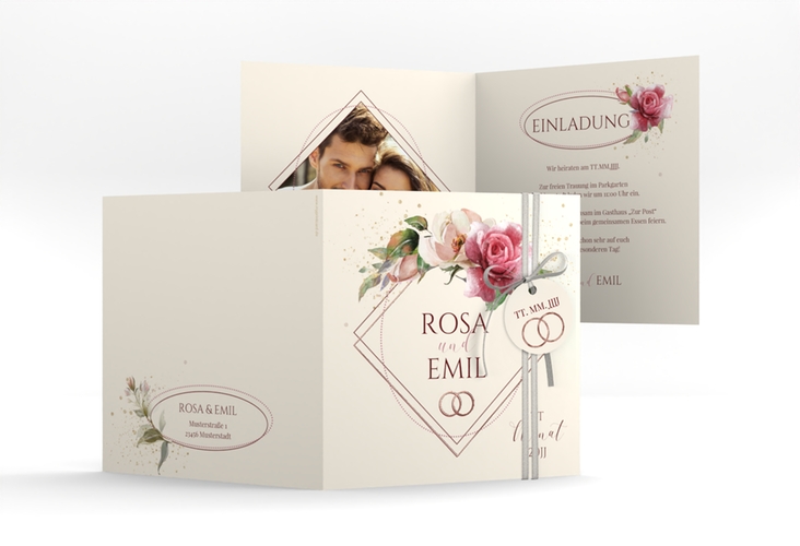 Hochzeitseinladung Rosenbogen quadr. Klappkarte rosegold